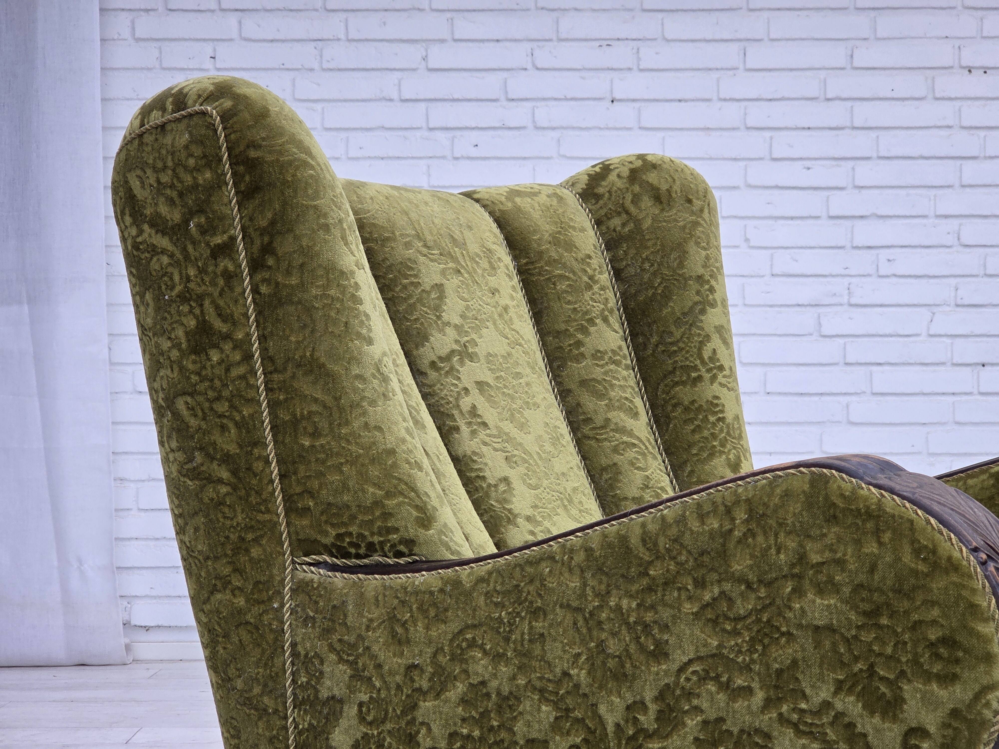 1950s, Danish relax chair. Furniture velour, oak wood,