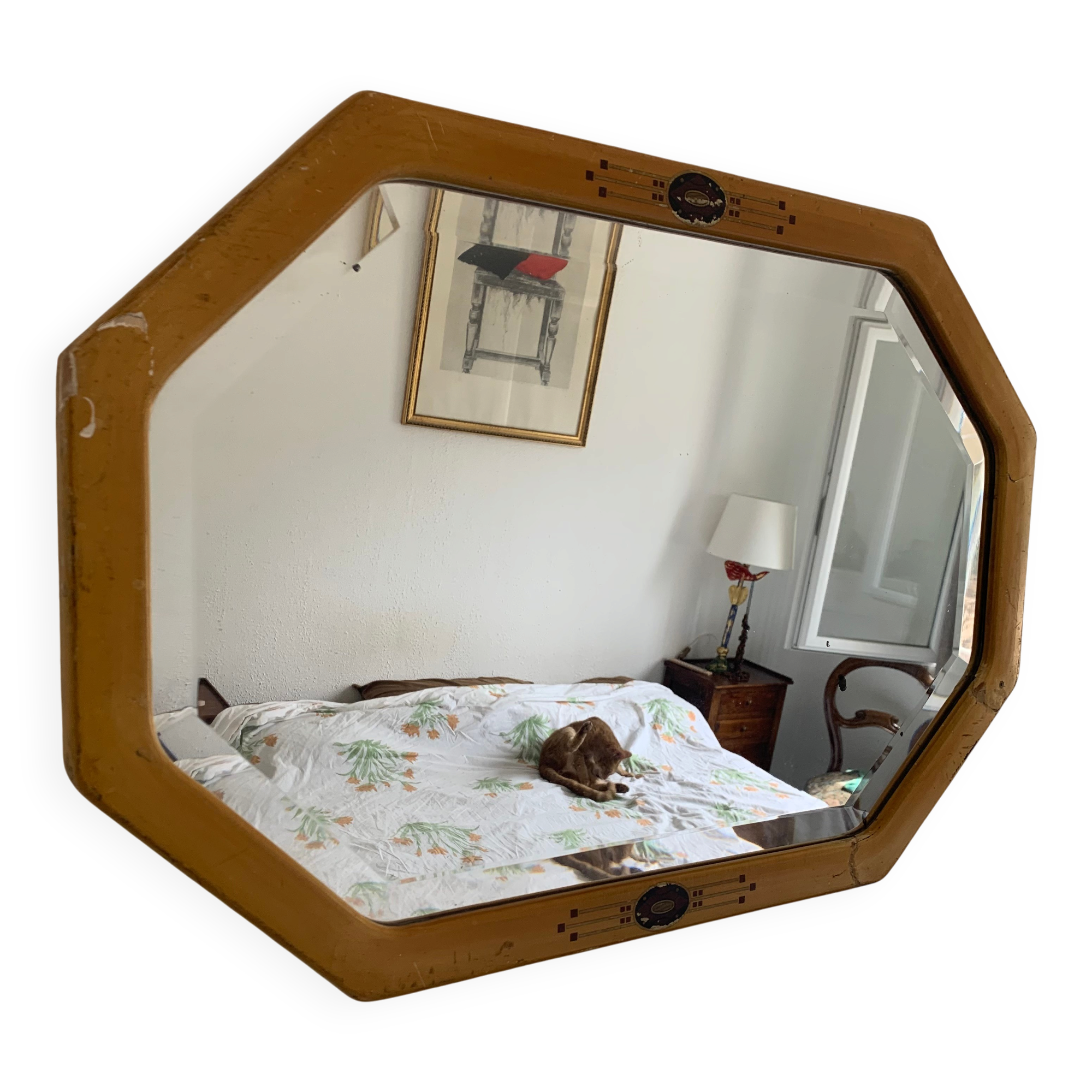 Vintage 1930s Art Deco bevelled octagonal mirror, wood and stucco - 66 x 45 cm