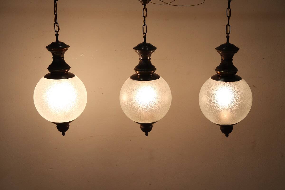 Brass and Glass Pendant Lamps, 1960s, Set of 3