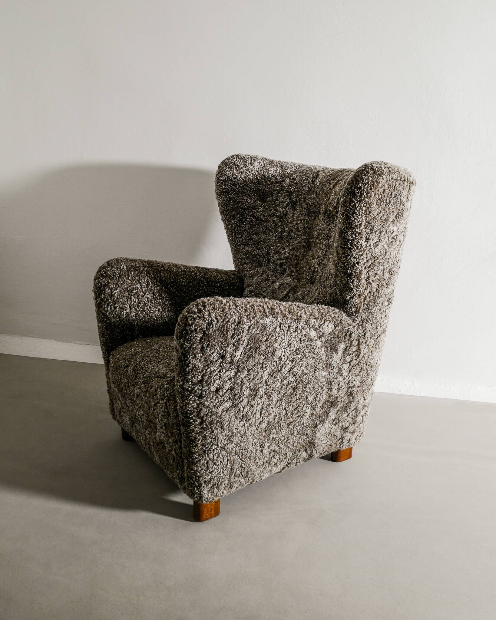 Danish Mid Century Armchair by Thorald Madsen in Grey Sheepskin, 1940s