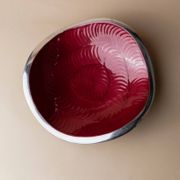 Red enameled steel bowl with textured interior and silver exterior; vintage Italian 1970s design