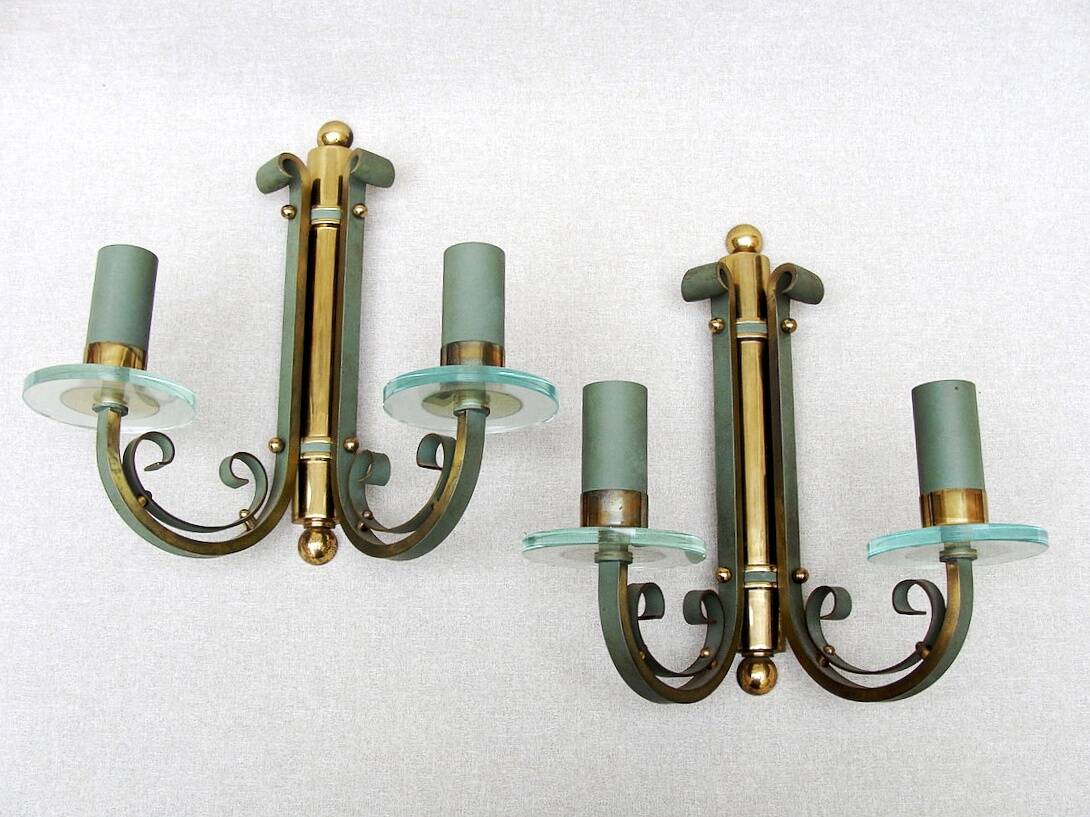 Pair of art deco lacquered metal, brass and glass wall lights