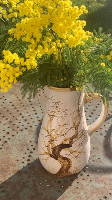 Vase, enameled ceramic jug, chiseled tree motif, west germany vintage 1970, numbered 3047