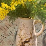 Vase, enameled ceramic jug, chiseled tree motif, west germany vintage 1970, numbered 3047