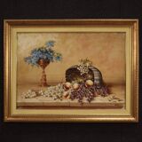 Signed painting still life with flowers and fruit from the 20th century