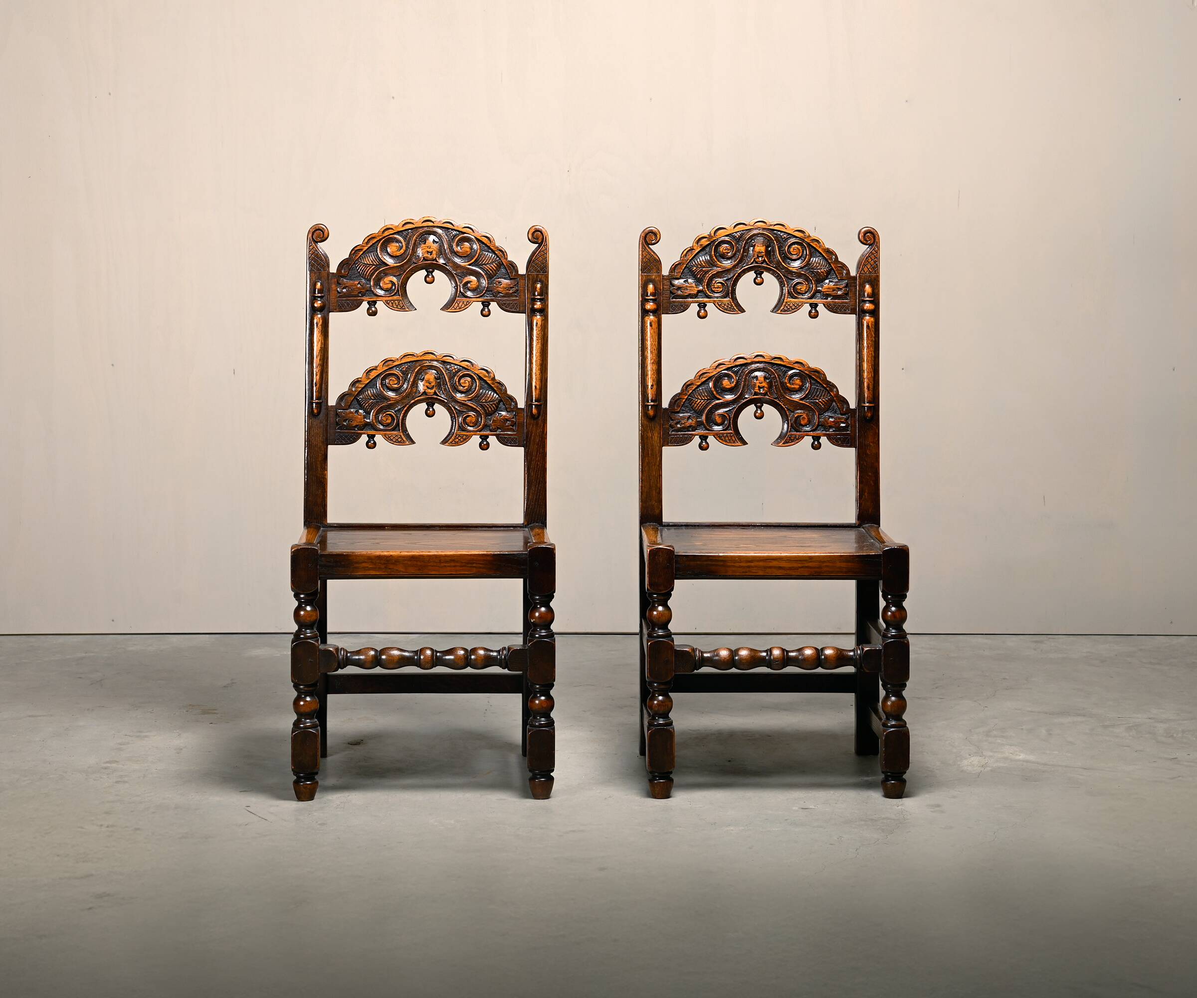 Pair Antique Yorkshire Back Stools / Side Chairs solid Oak, England 18th Ce