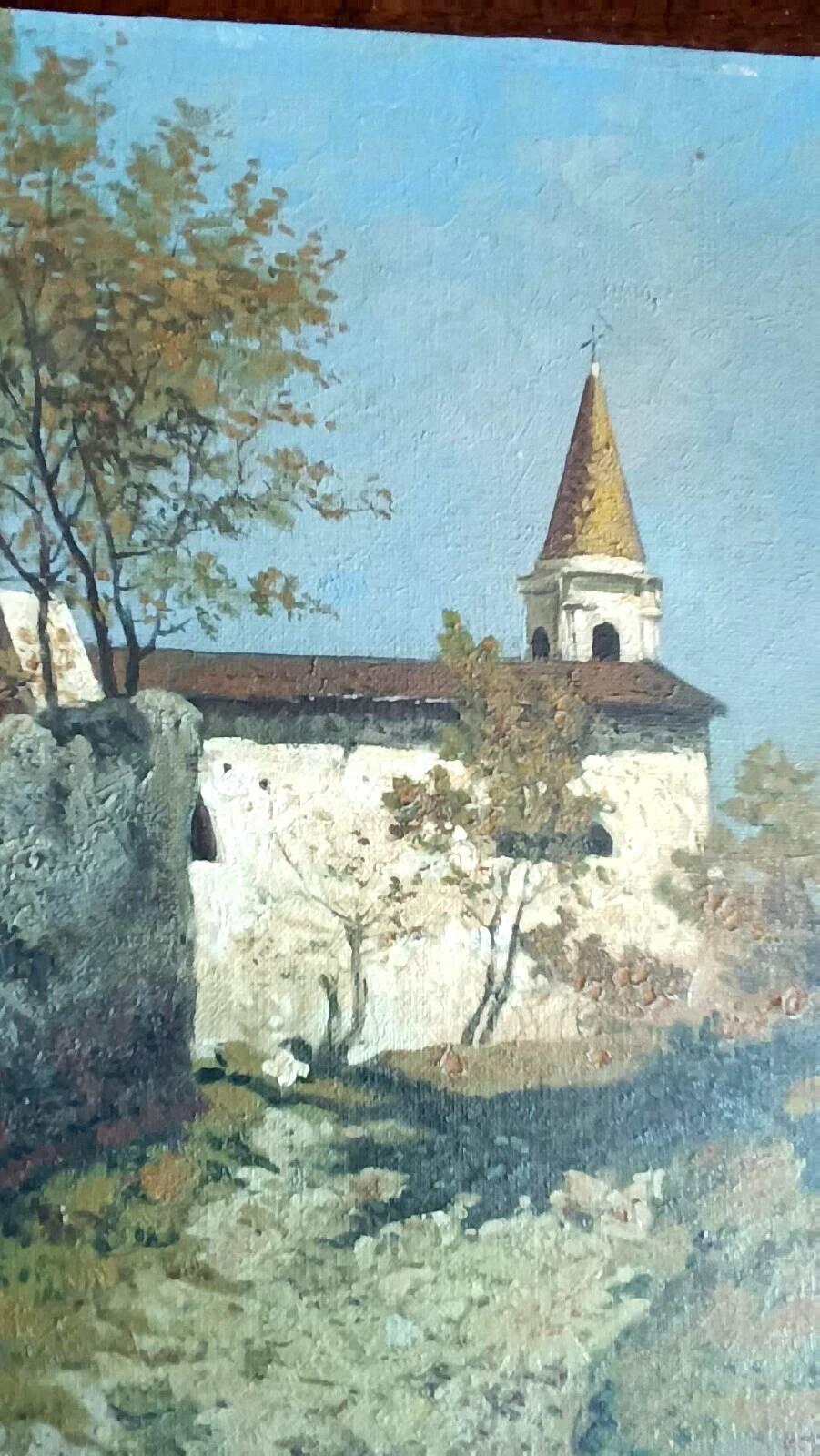 Oil painting on canvas depicting a glimpse of a church - 20th century