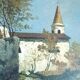 Oil painting on canvas depicting a glimpse of a church - 20th century