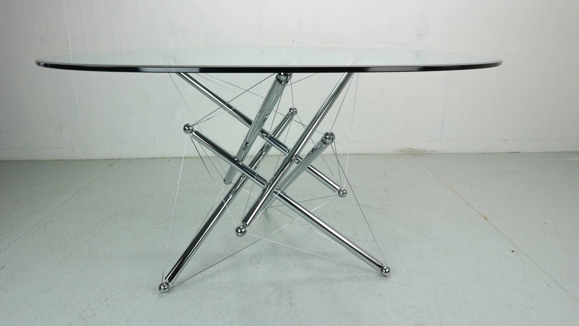 Theodore Waddell for Cassina 714 Tensegrity Chromed Steel Dining Table, 1980s