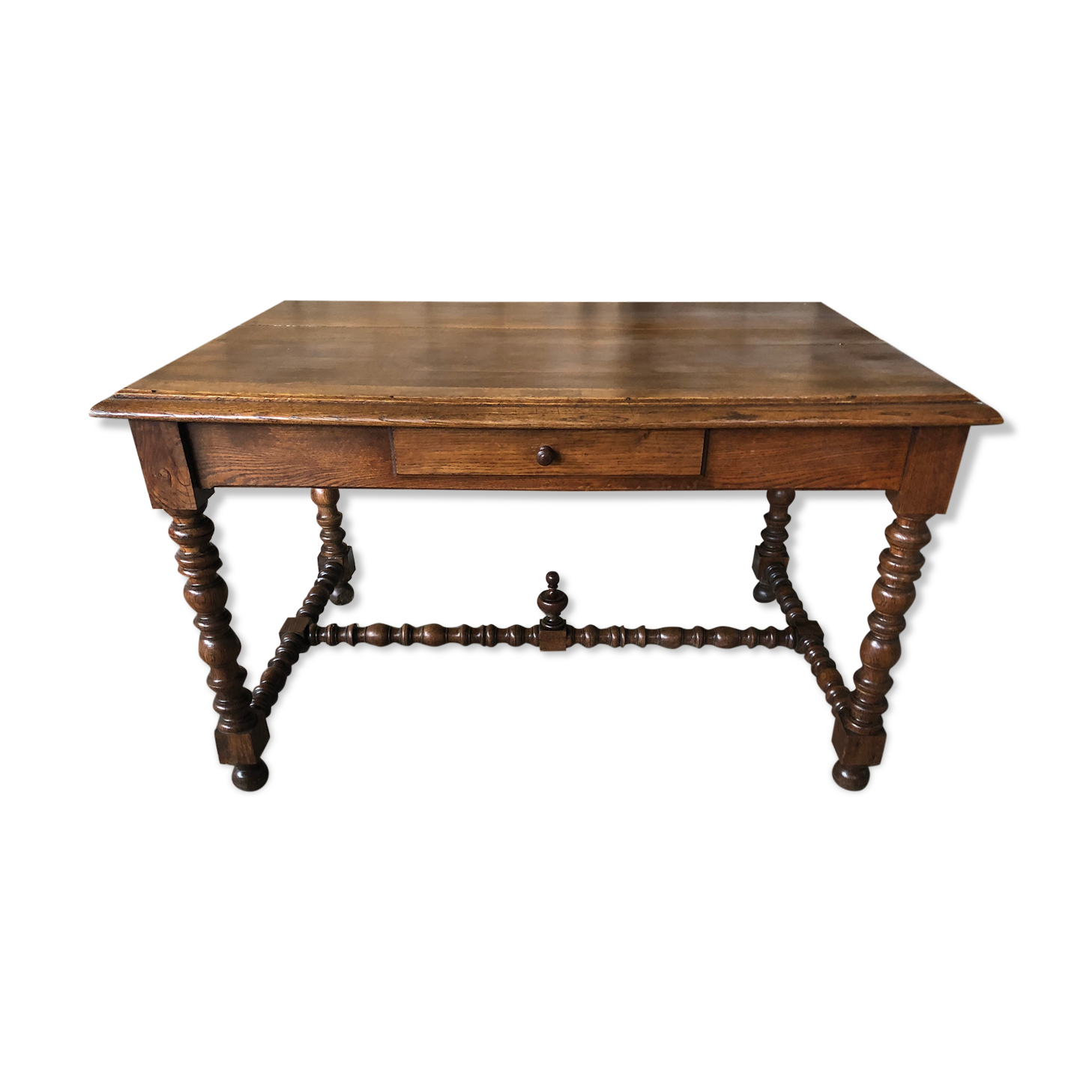 Old desk style henri ii table + drawer wood turned vintage