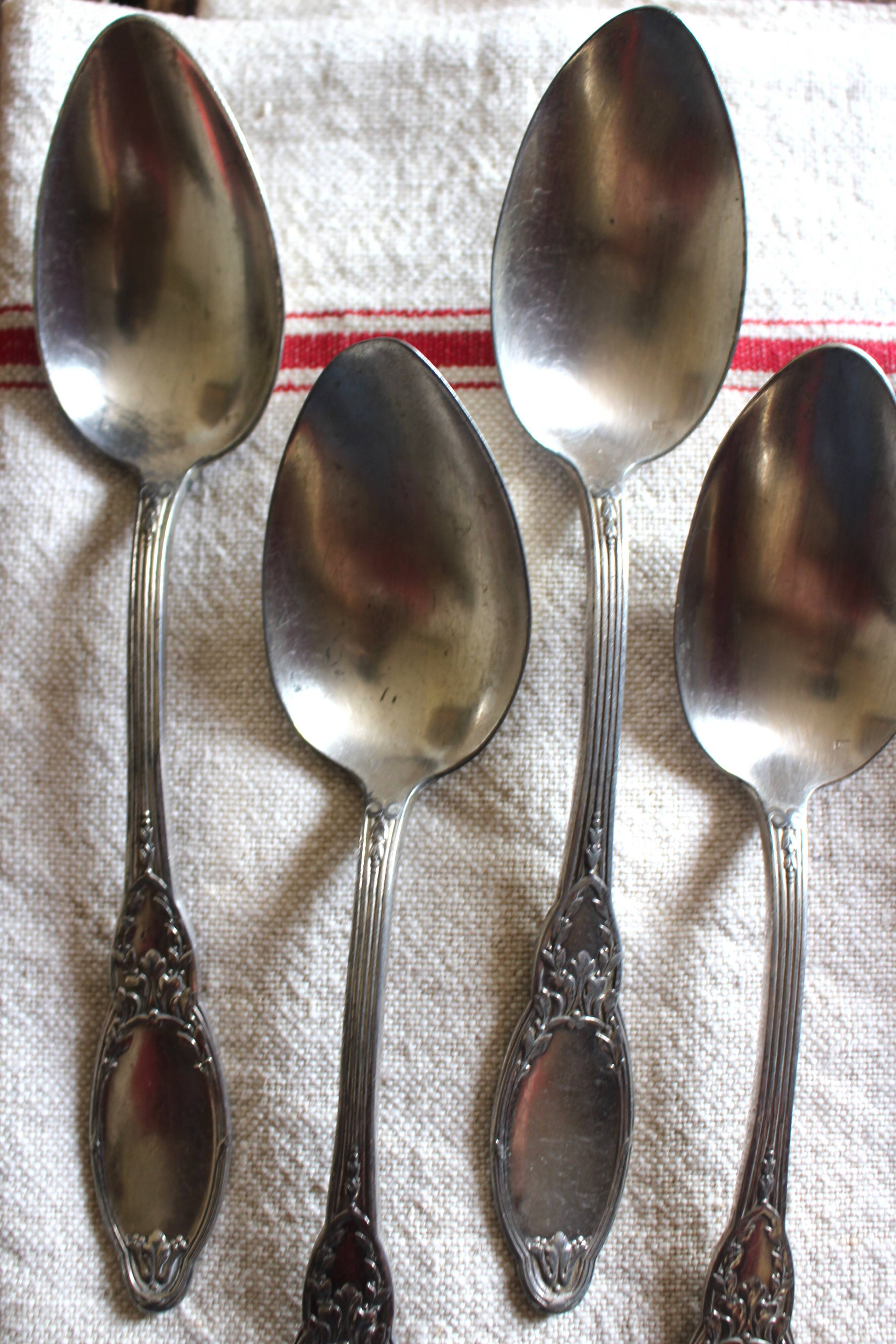 A set of 6 silver-plated metal soup spoons with foliage design.