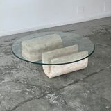 Coffee table in travertine and glass