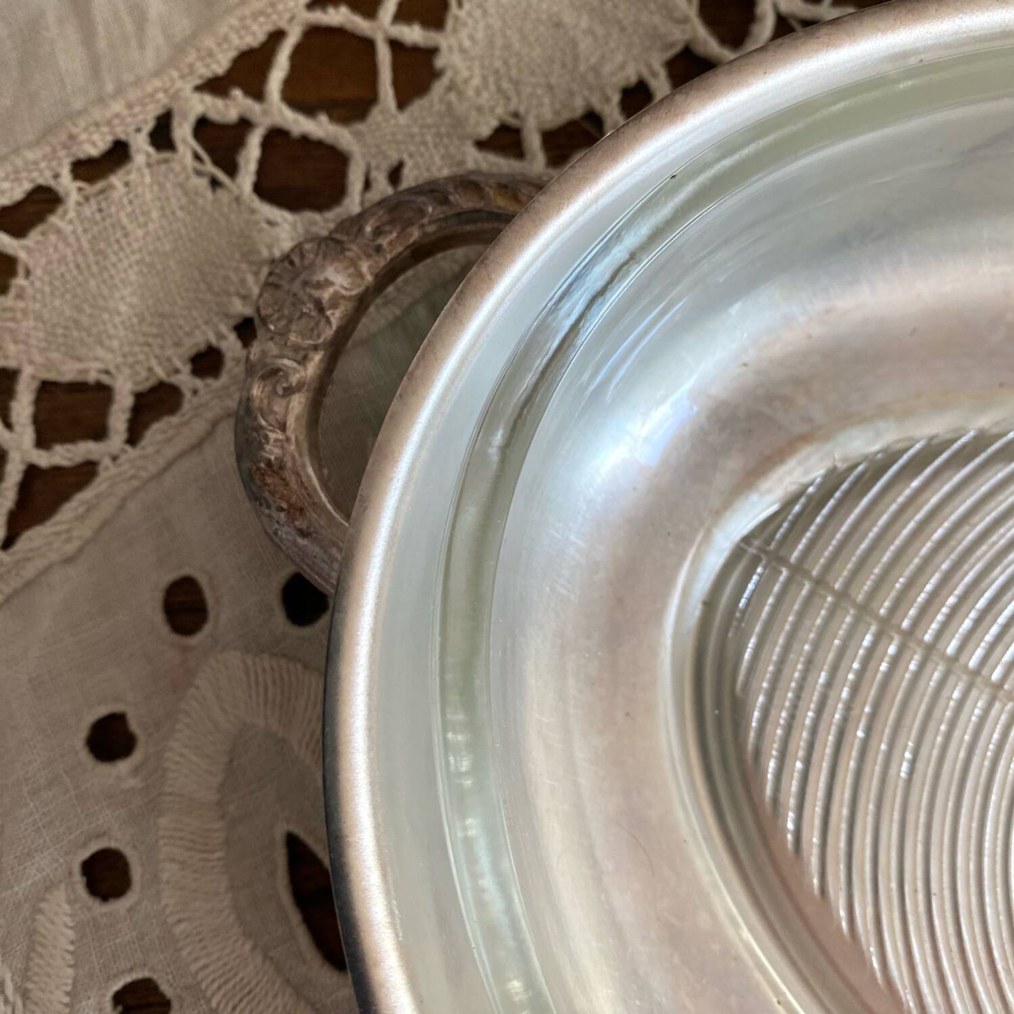 Oval silver-plated metal and glass dish