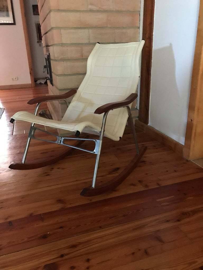 Mid-Century brown leather rocking chair, wood and silver steel by Takeshi Nii
