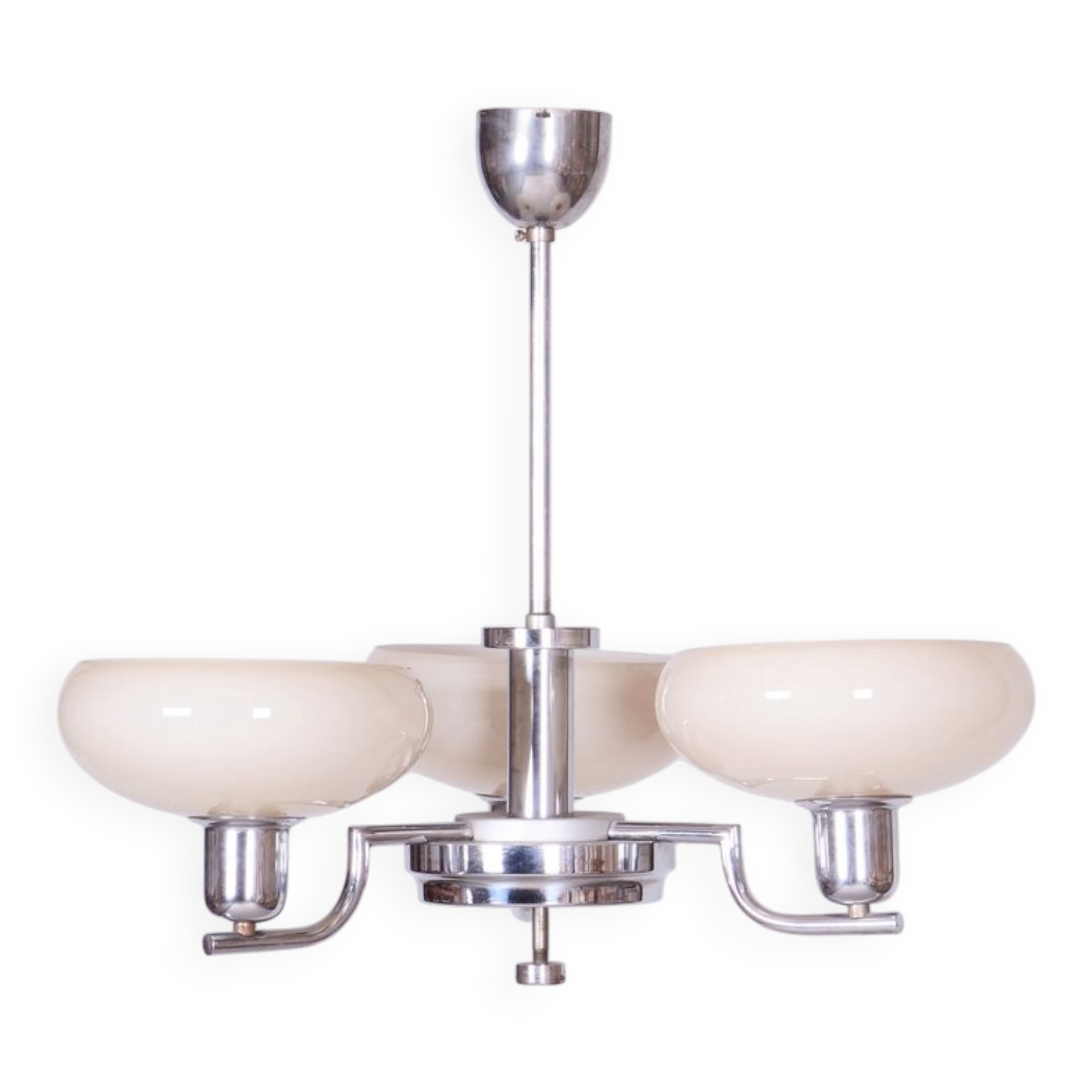 Bauhaus Chandelier in Chrome-Plated Steel and Opaline Glass, Czech, 1930s