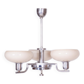 Chandelier Bauhaus en acier chromé et verre opalin, tchèque, années 1930