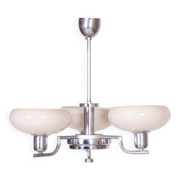 Bauhaus Chandelier in Chrome-Plated Steel and Opaline Glass, Czech, 1930s