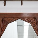Art Deco oak carved wall coatrack with mirror, France 1920s