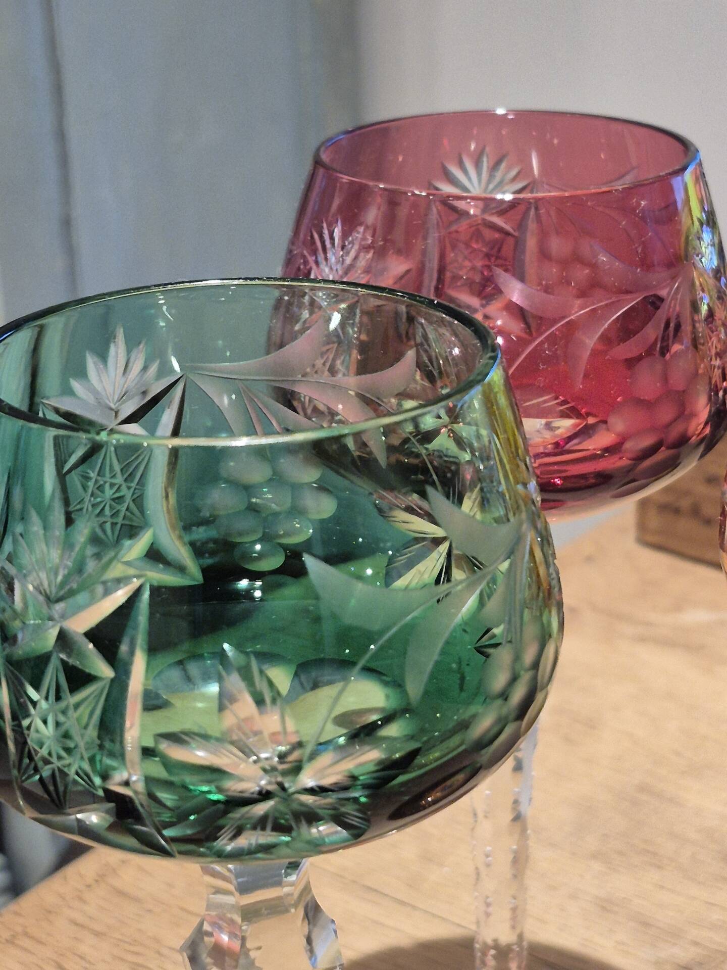 Set of 4 vintage coloured cut crystal wine glasses