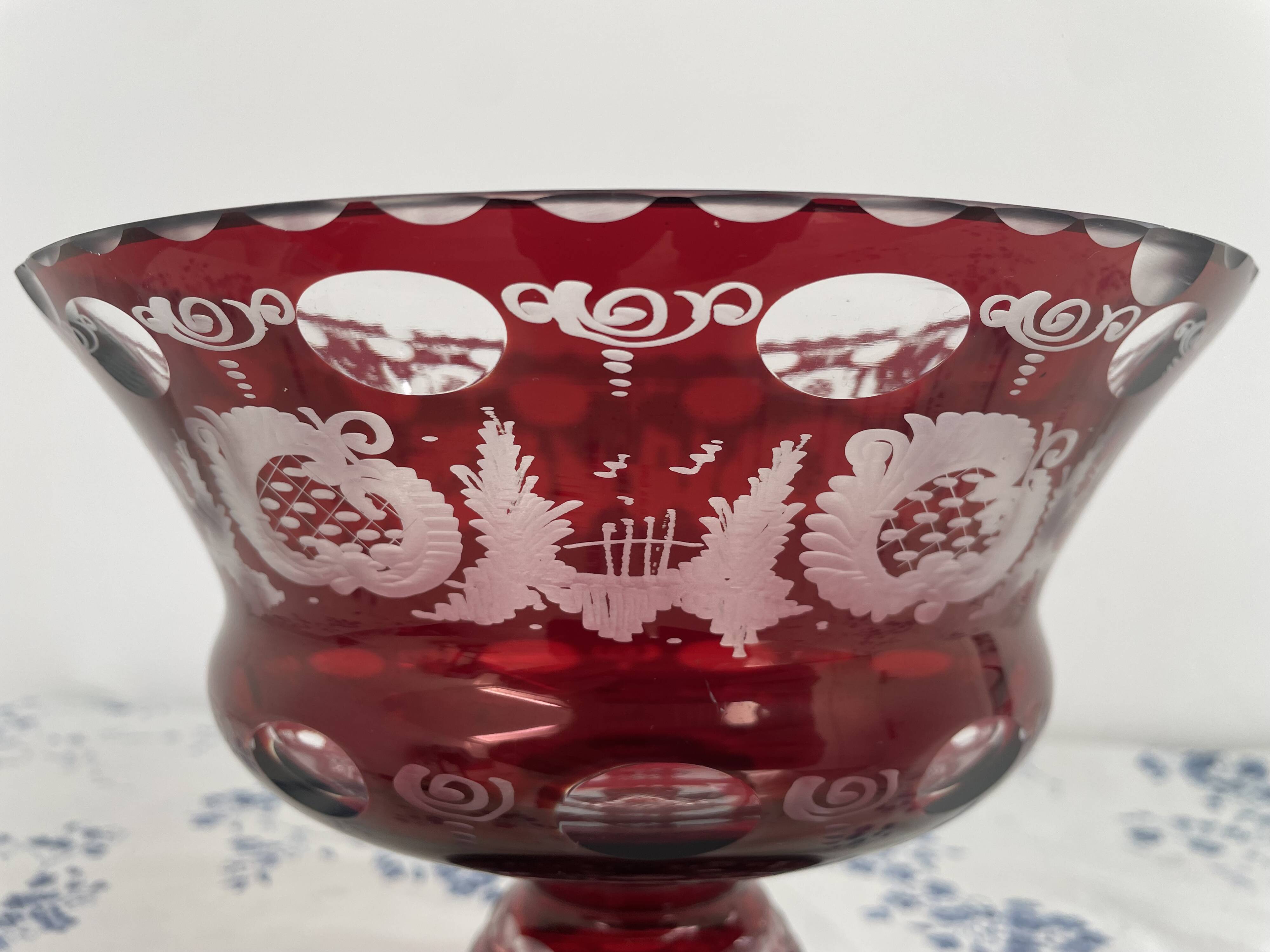 Large red and white overlay glass bowl, Bohemian 20th century