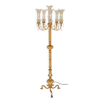 Bronze and gilded brass floor lamp with six lights