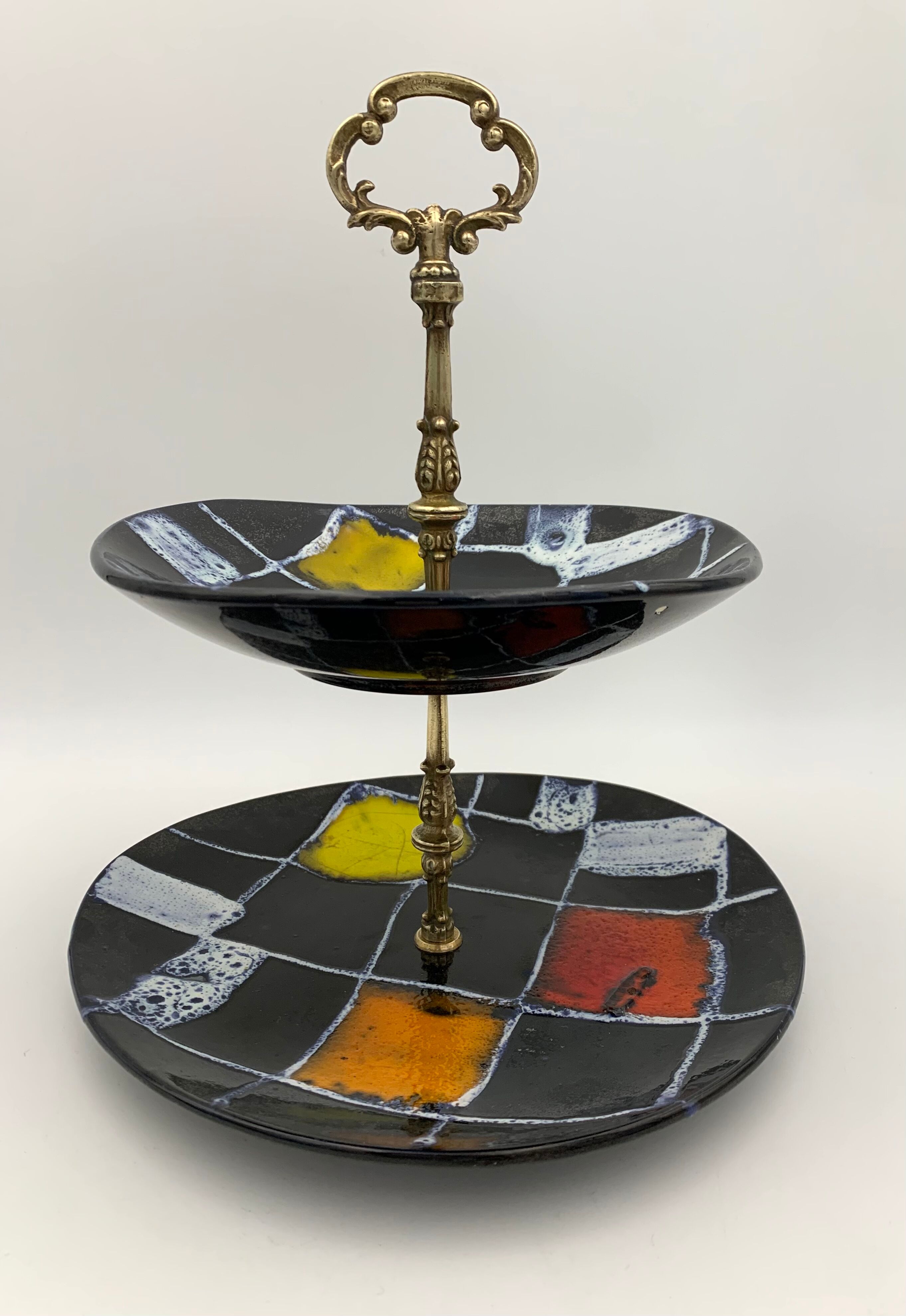 Vintage ceramic and brass cake display 1950s