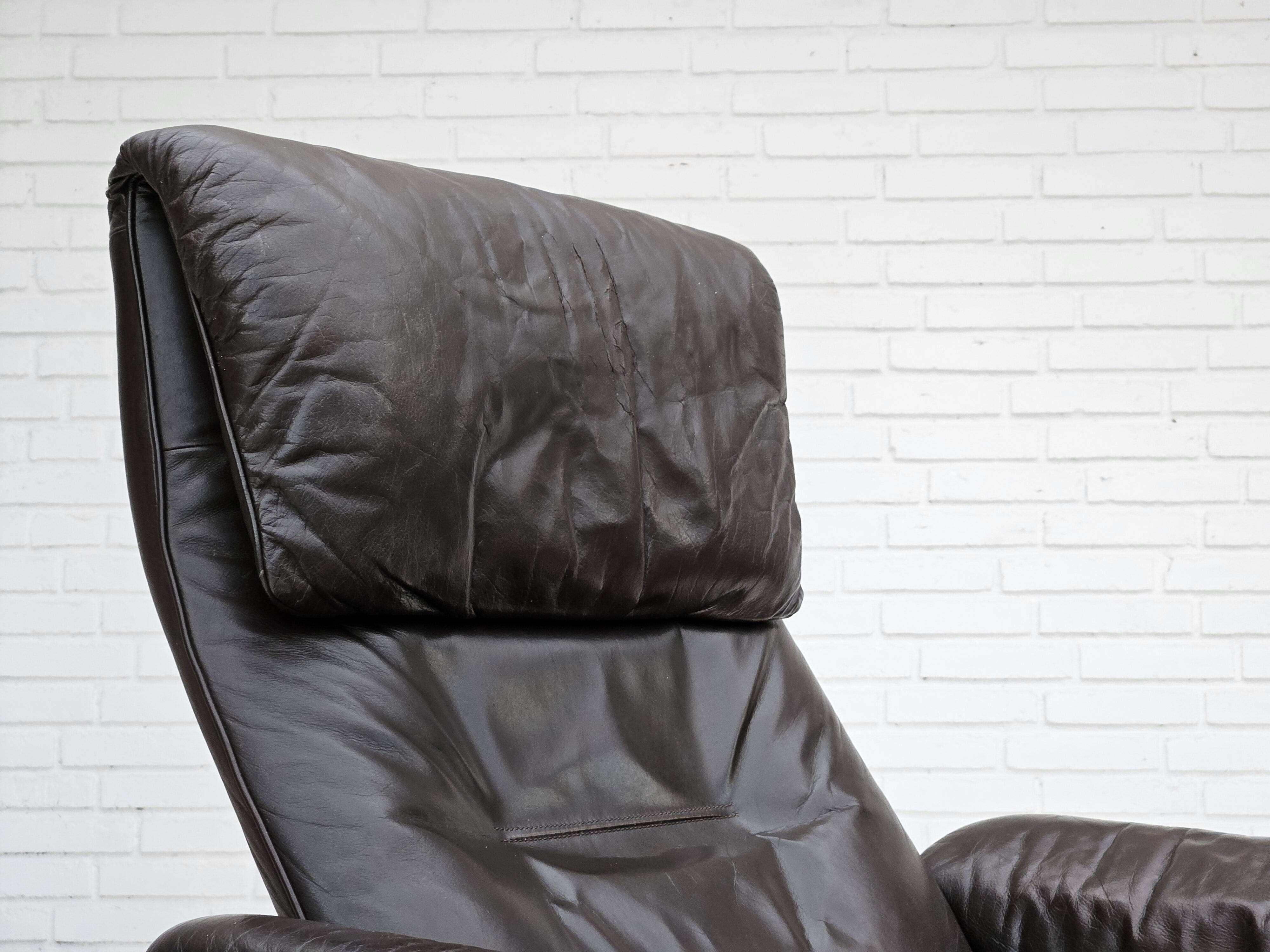 Chaise longue réglable, cuir marron années 1970, design suédois par göte möbler