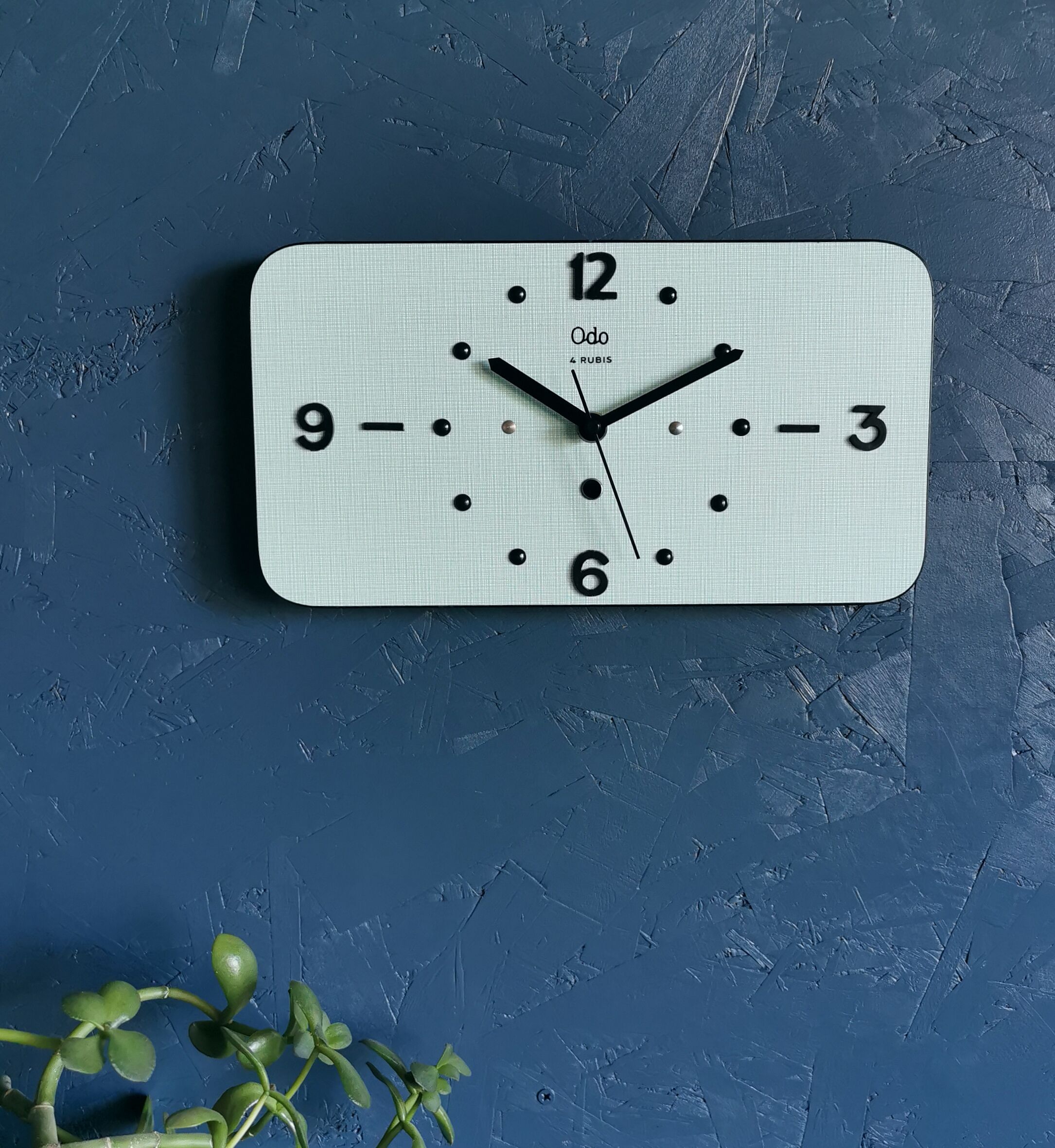Vintage formica clock rectangular silent wall clock "Odo blue black"