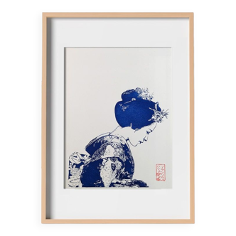 Japanese linocut of the salute of a Prussian blue maiko in limited edition, signed and certified