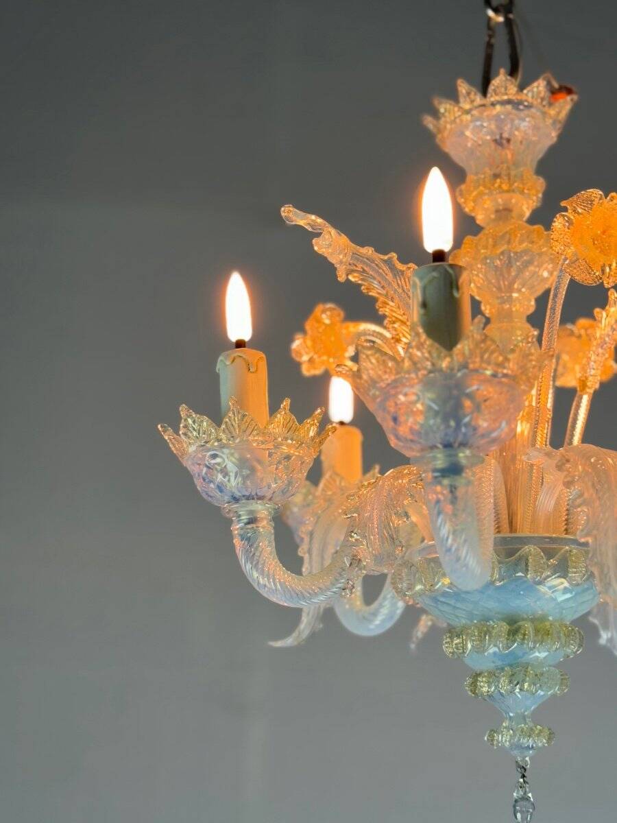 Small Venetian Chandelier In Opalescent Blue And Gold Murano Glass, 6 Arms Of Light Circa 1950