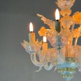 Small Venetian Chandelier In Opalescent Blue And Gold Murano Glass, 6 Arms Of Light Circa 1950