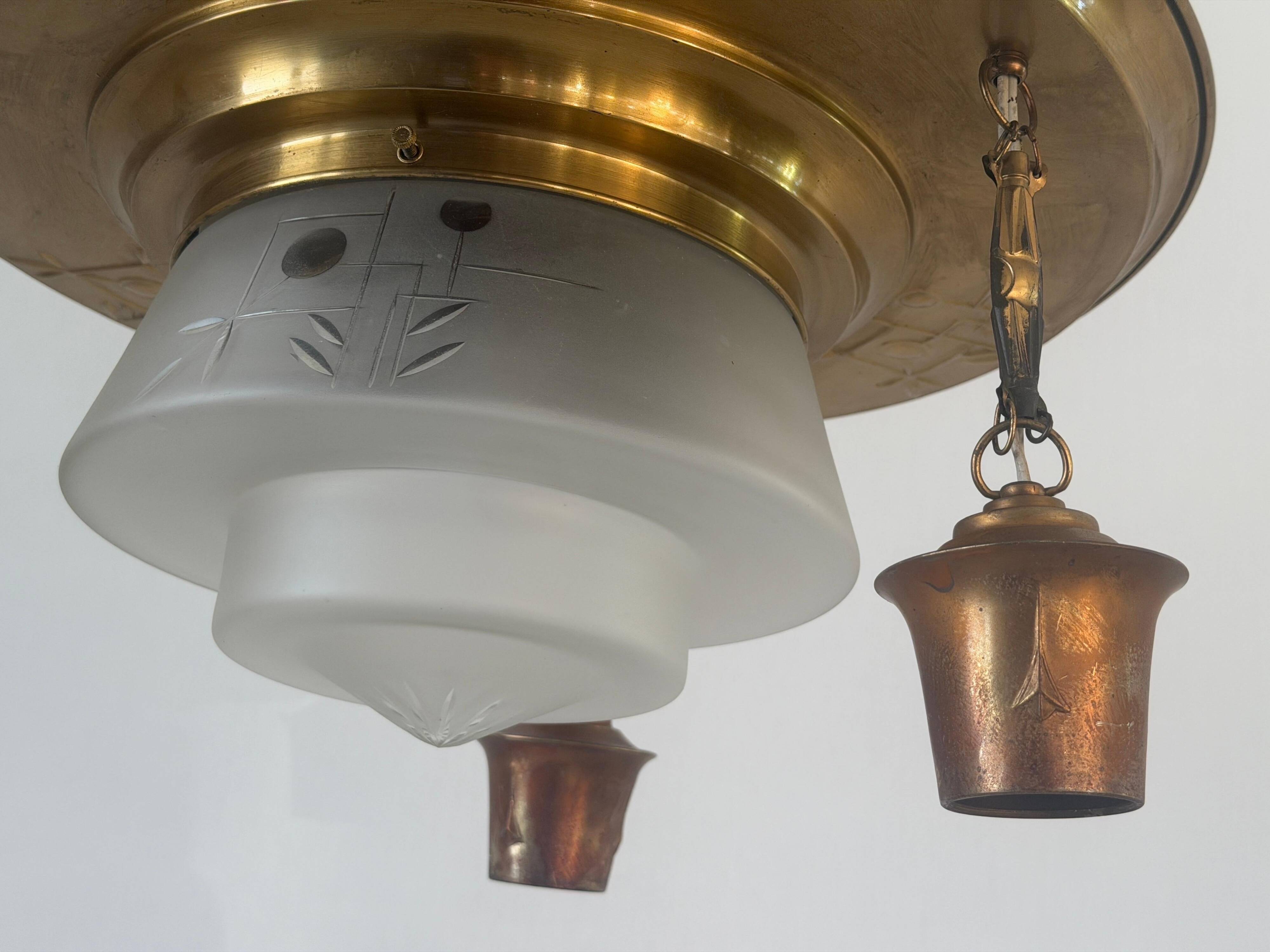 Art Deco ceiling light in copper and glass, 1940s, Germany