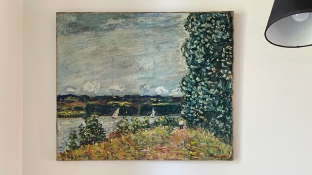 Oil on canvas landscape with 2 boats