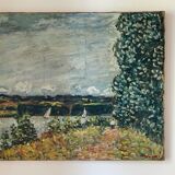 Oil on canvas landscape with 2 boats