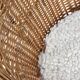 Set of 2 vintage rattan wicker armchairs with white teddy fabric