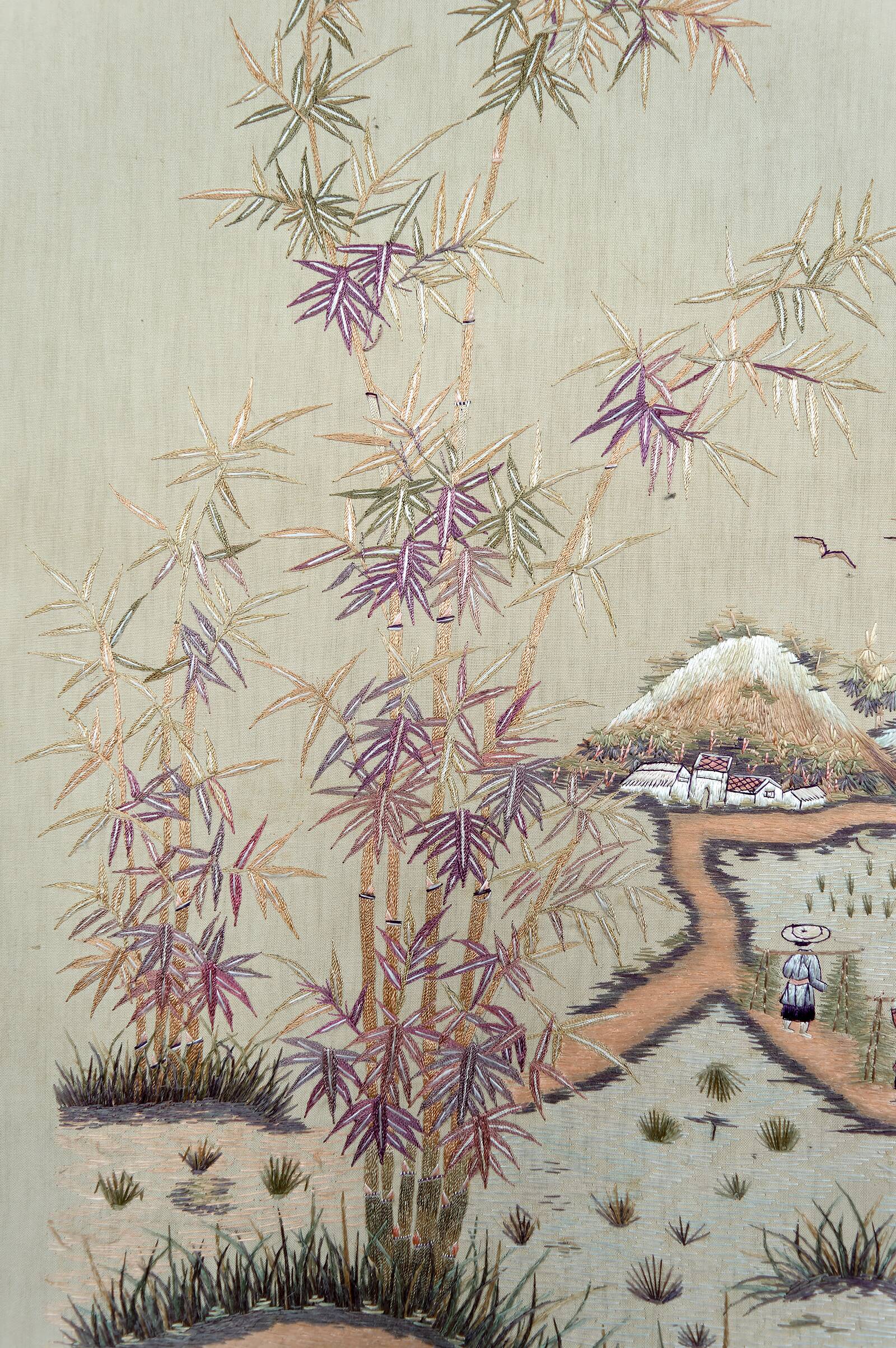 Important Set of Three Indochinese Silk Embroidered Tapestries