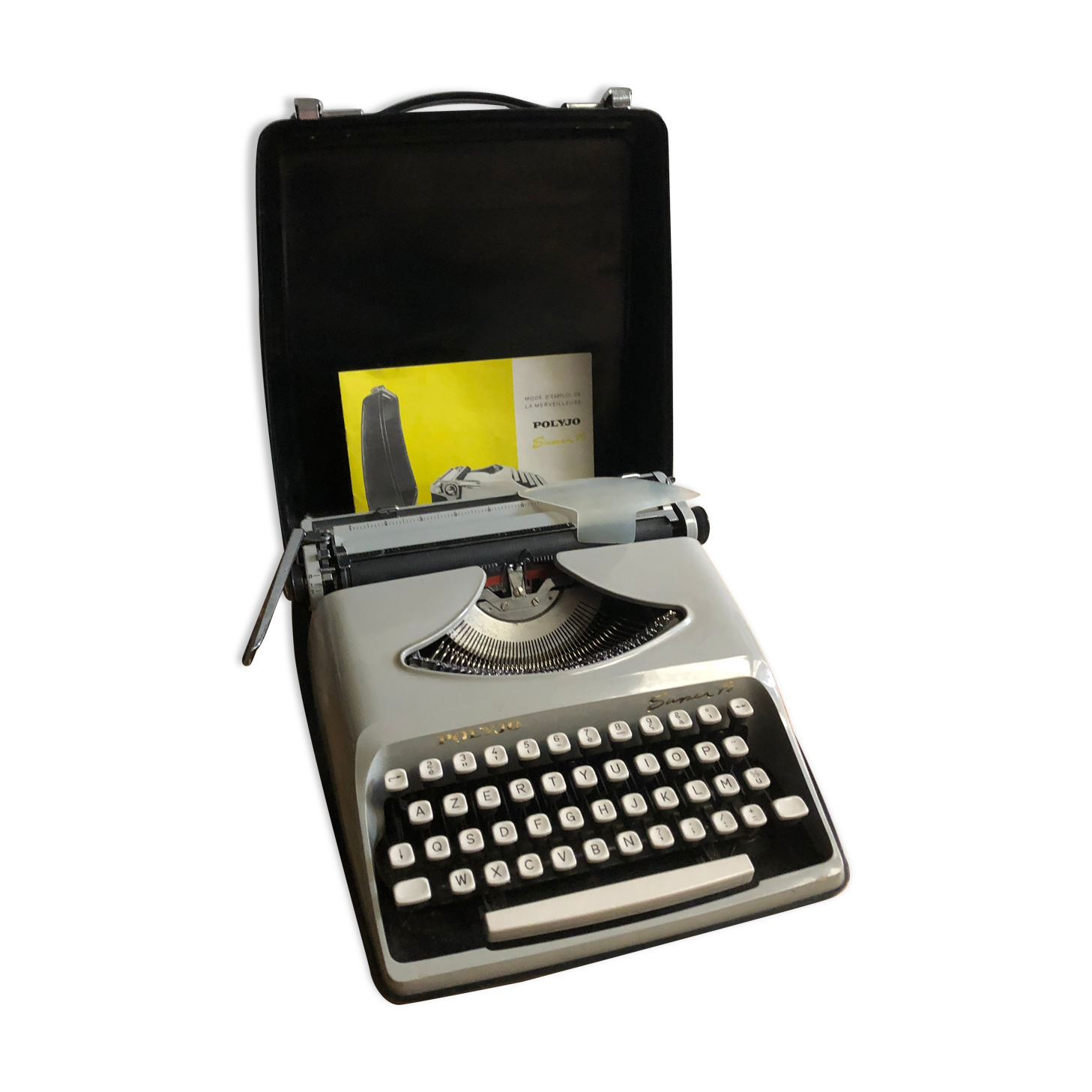 Old writing machine polyjo super 75 bakelite grey + vintage black trunk