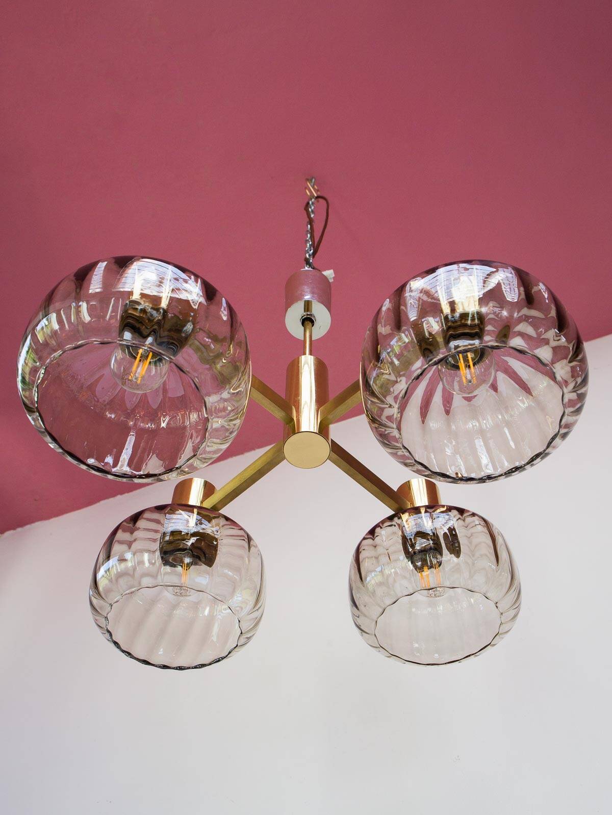Midcentury brass pendant light and 4 glass tulips 60s/70s