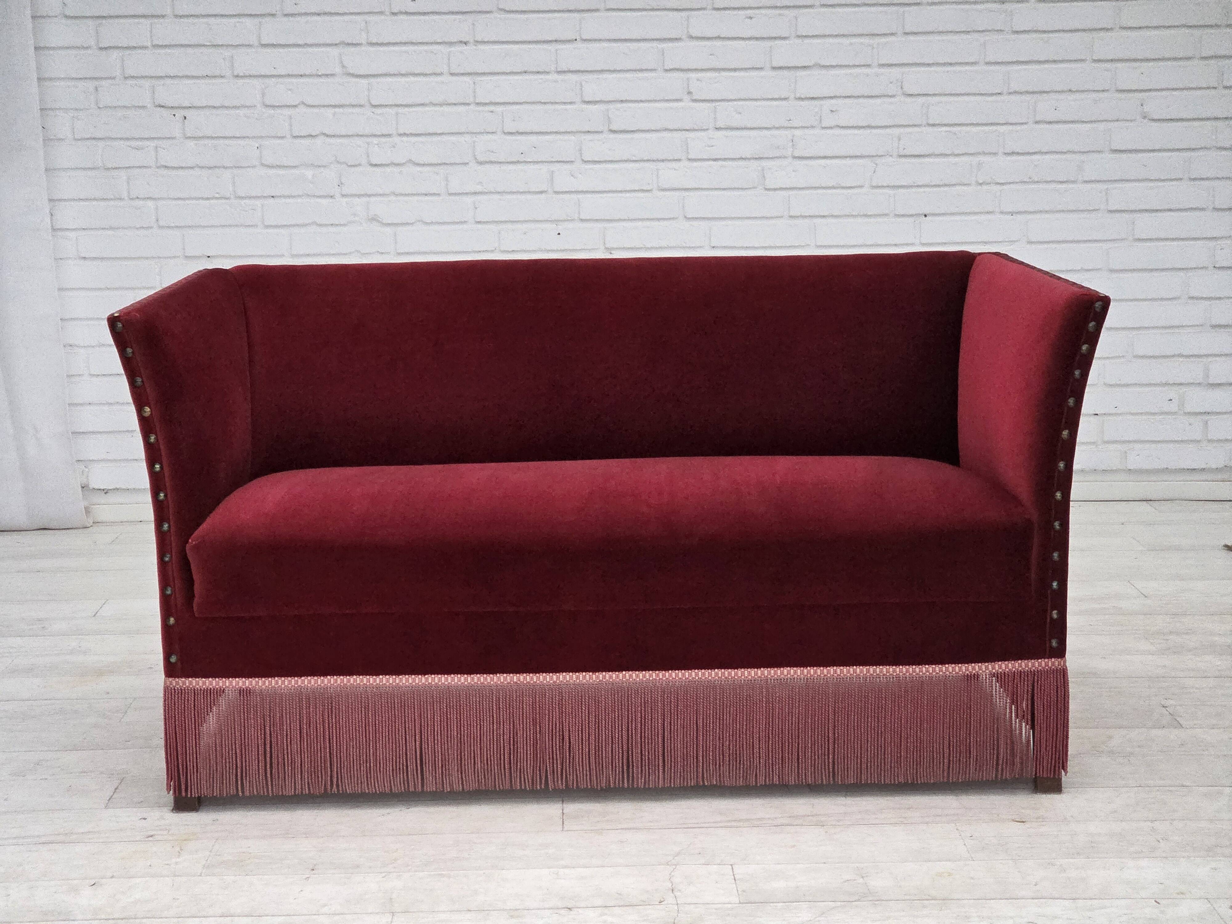 1970s, Danish 2-seater sofa, cherry-red furniture velour.