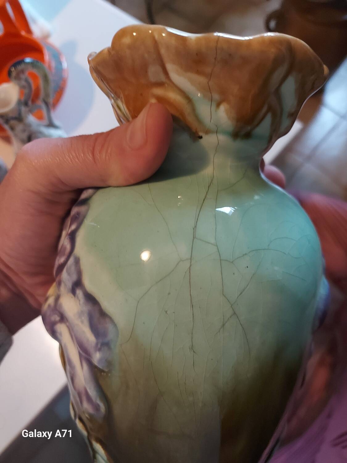 Antique iris flower vase in art deco style slip earthenware