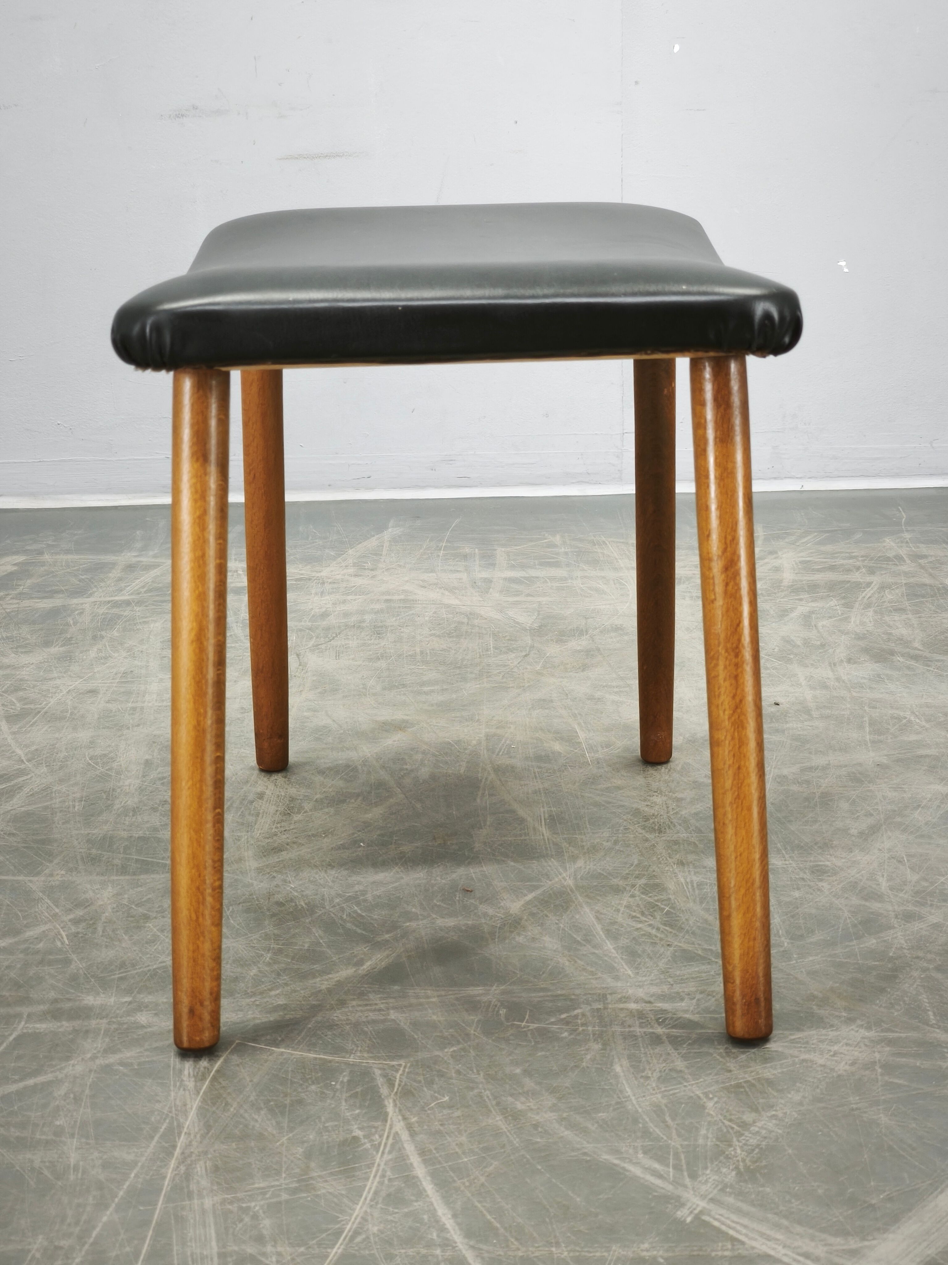 Danish Modern Beech Footstool with Black Vinyl Seat, 1960s