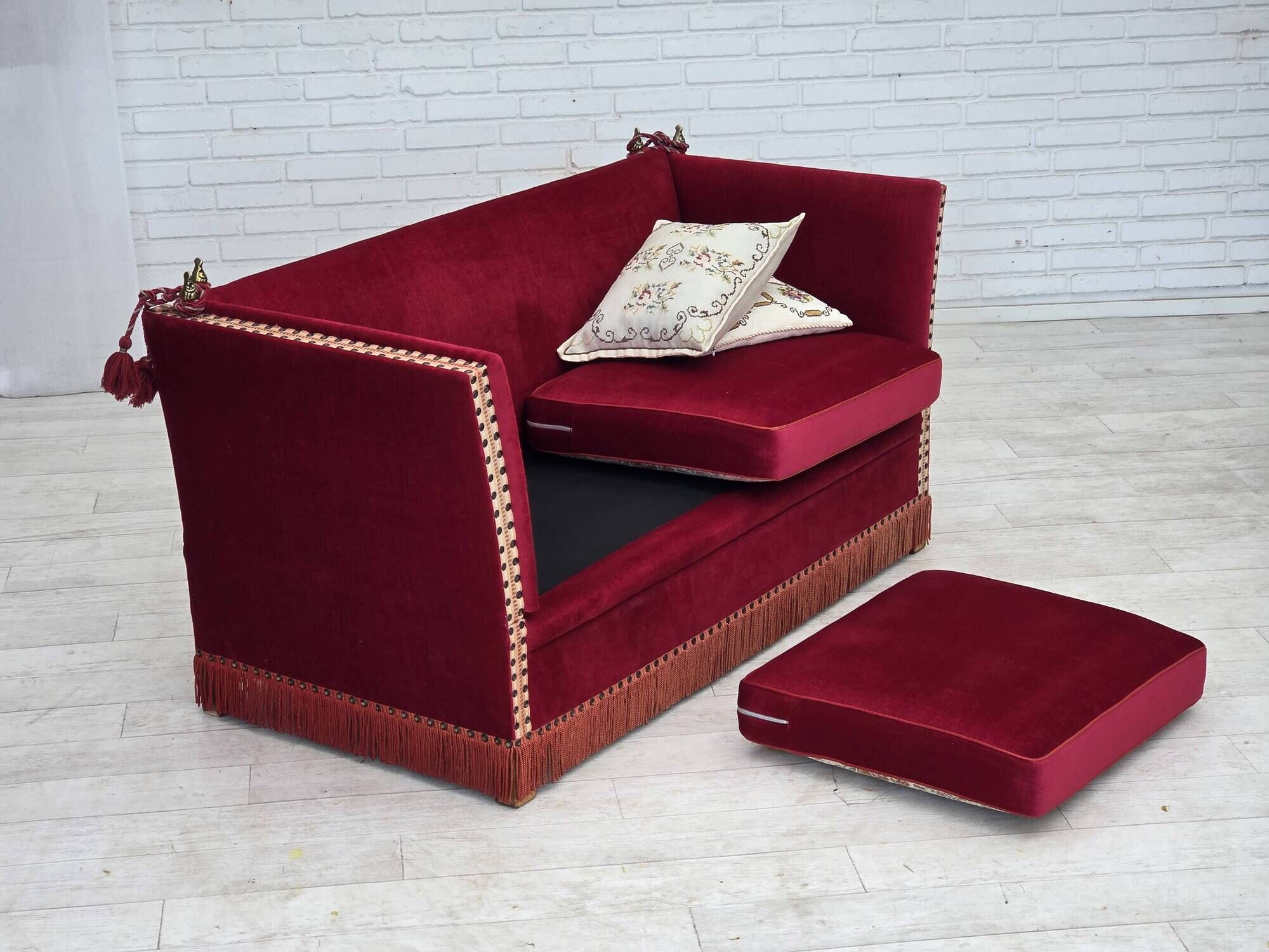 1970s, Danish 2-seater "Spanish" drop arm sofa, furniture velour.