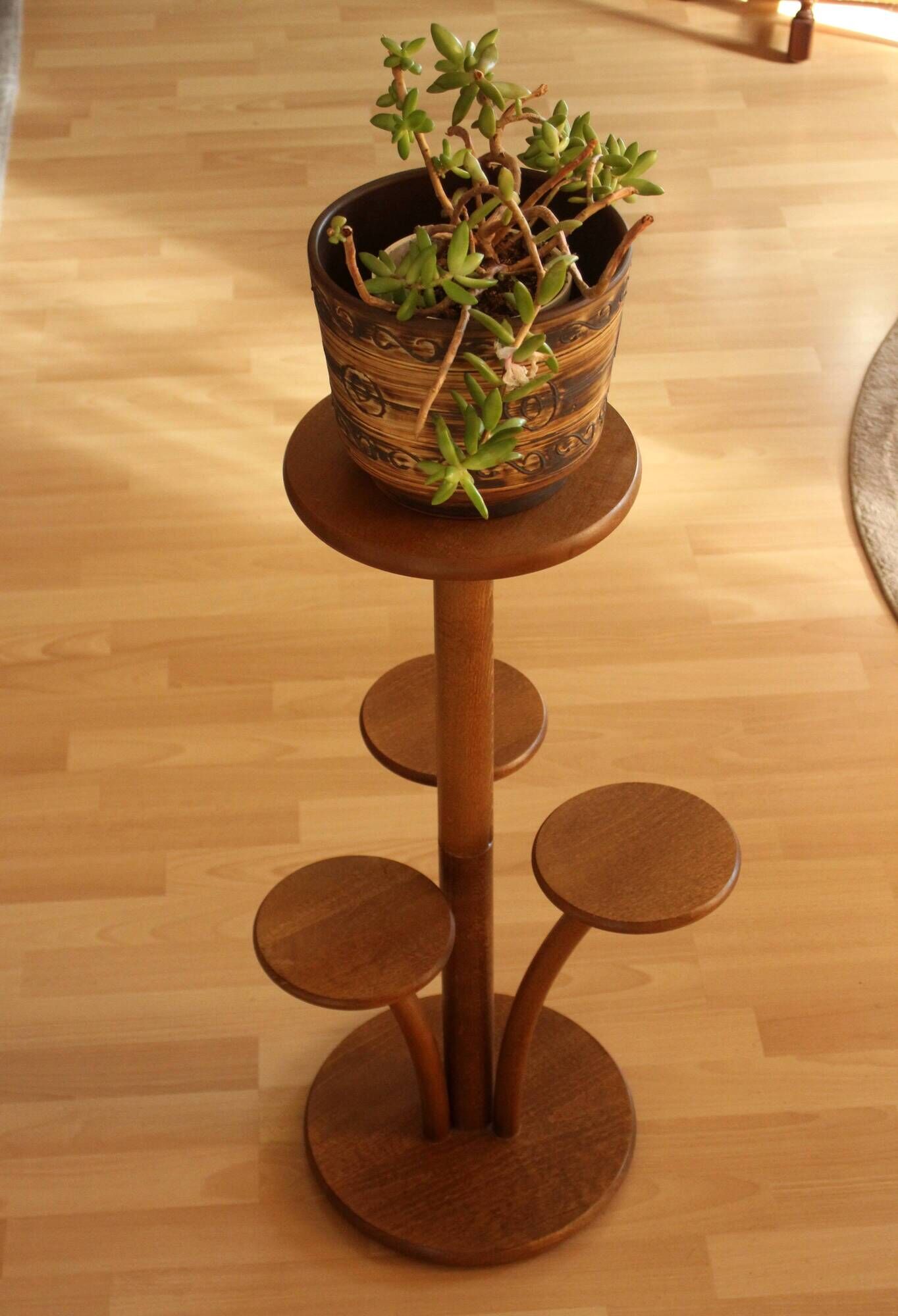 Solid oak wood plant stand, vintage from the 1950s, rare collectors item