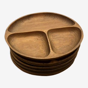 Set of six fondue plates, made of wood