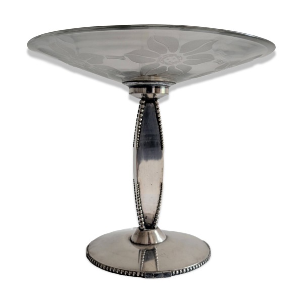 Coupe sur pied ancienne en verre gravé à l’acide et métal argenté