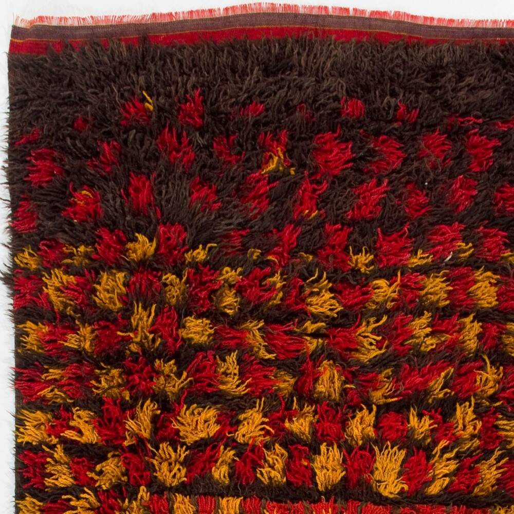 Vintage Hand-Knotted Turkish Tulu Rug with Checkered Design in Red, Yellow and Brown, 100% Wool