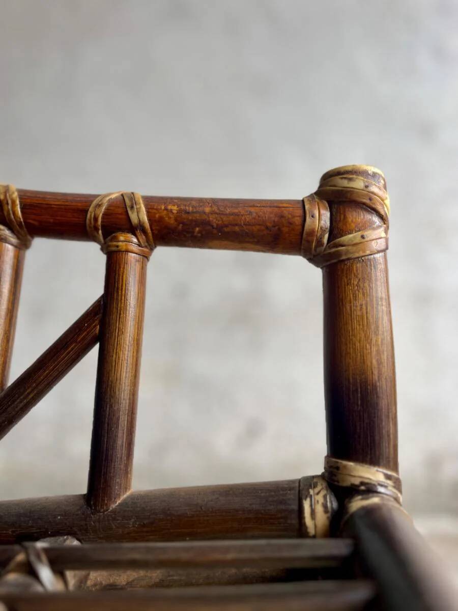 Rare McGuire 1970s dark brown rattan armchairs — set of 6, bamboo bindings, mid-century boho