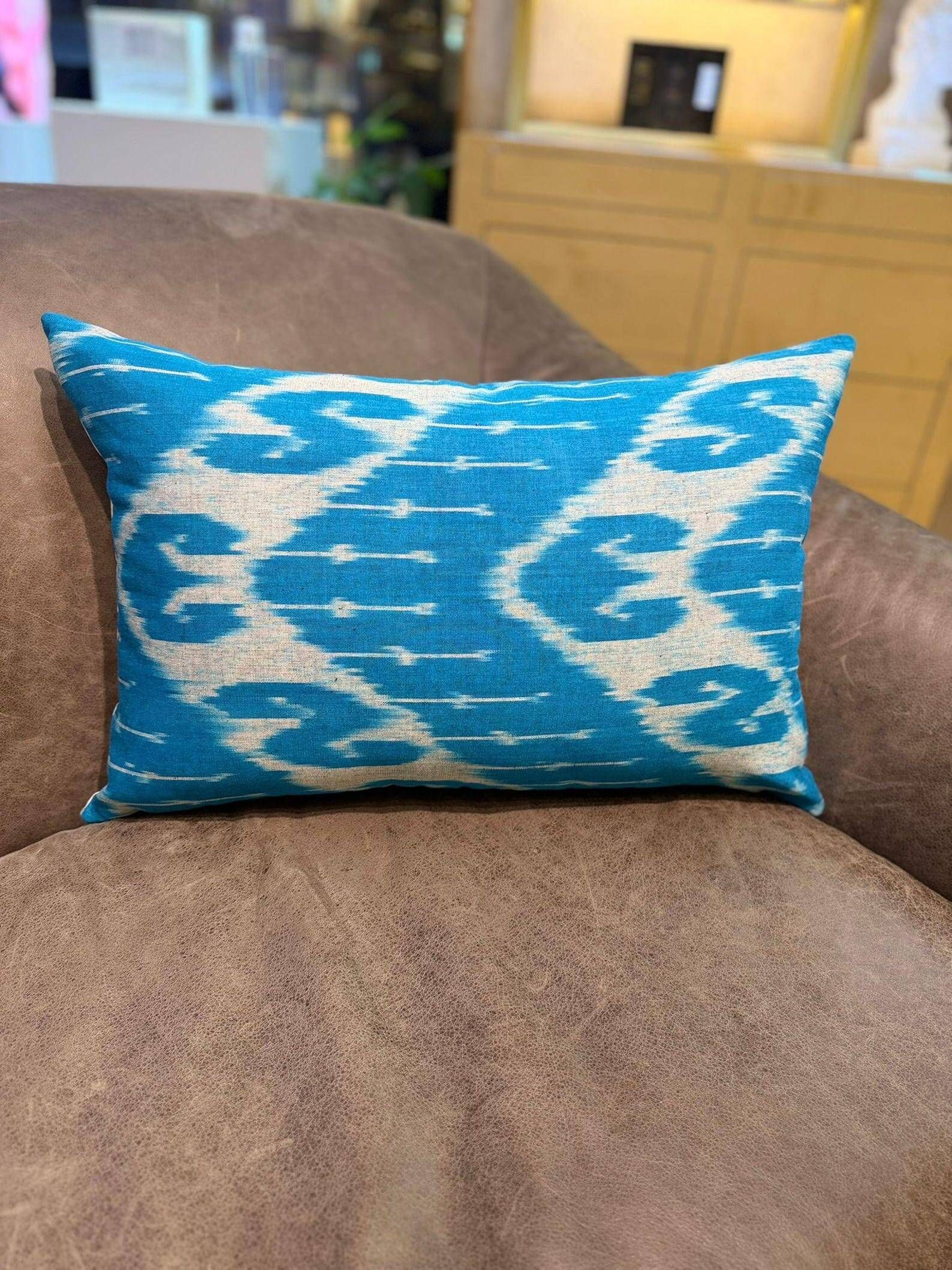 Hand Crafted Silk Ikat Lumbar Cushion Cover, Sky Blue Wave Pillow Case