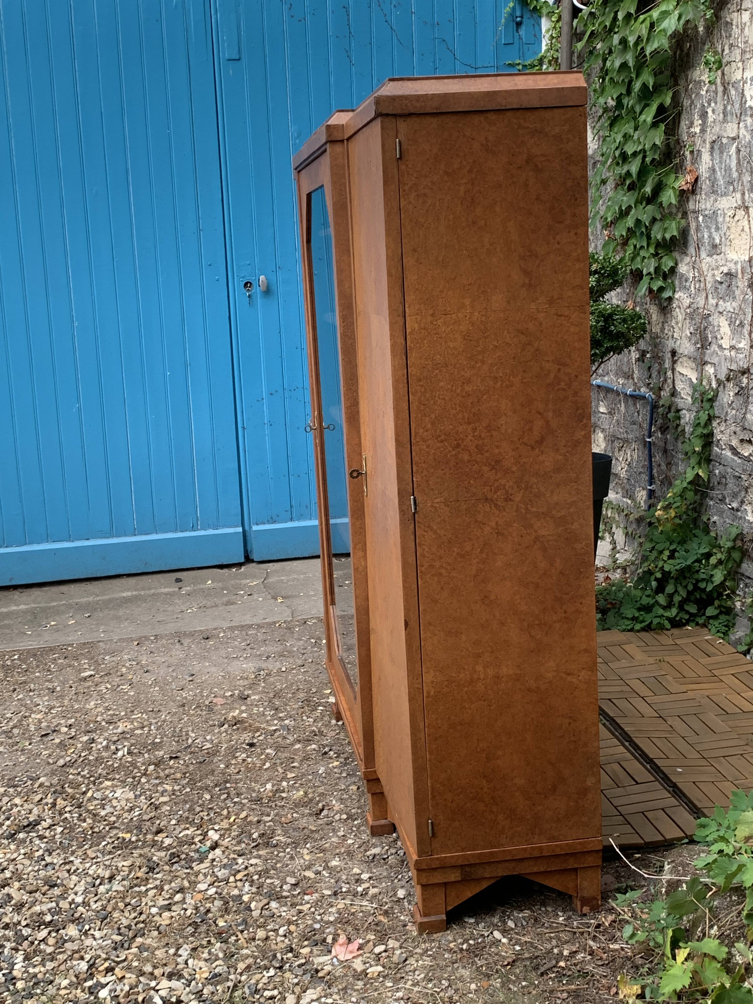 Art deco glass china cabinet in burr walnut 1930