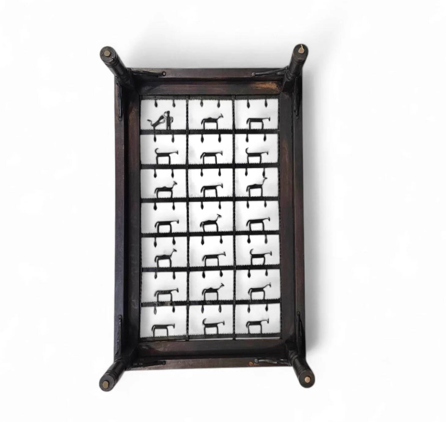 French brutalist coffee table, forged wrought iron, shepherd with dog and his herd, 1970s, transparent glass top